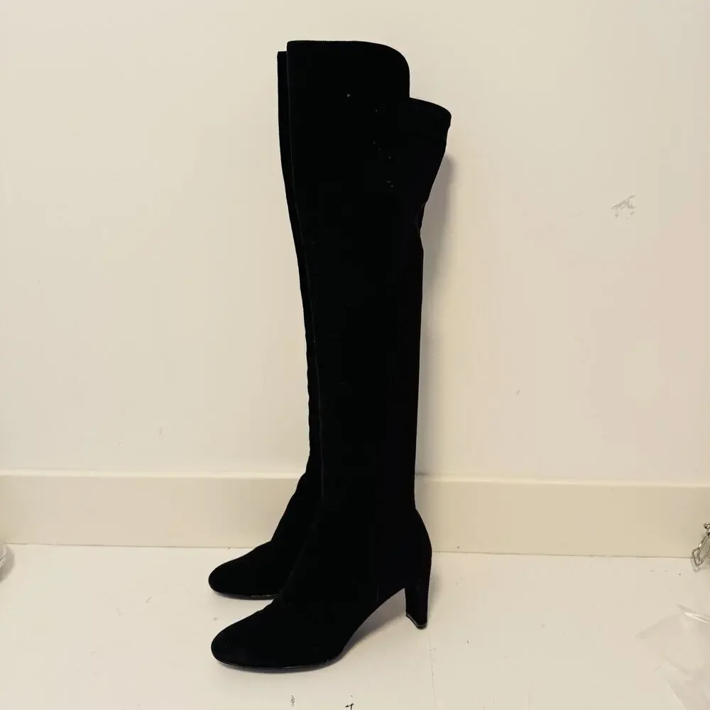 Stuart Weitzman Boots Womens 8 Black Suede Over The Knee Sock Stretch Heel